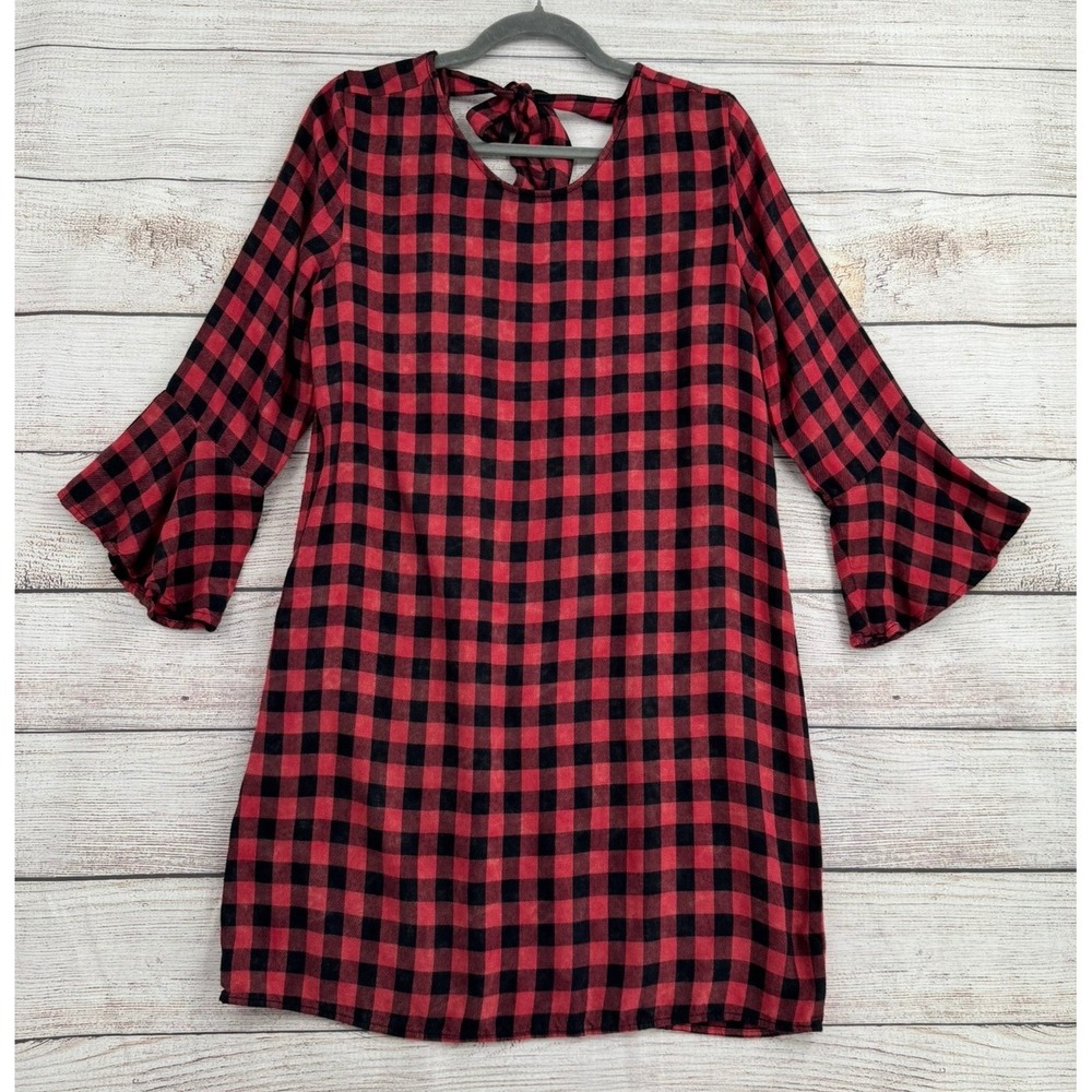 Cloth & Stone Shift Dress Women M Red Black Buffalo Plaid Bell Sleeve Tie Back